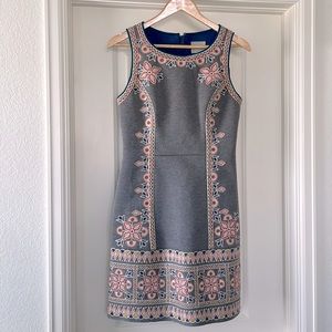 Anthropologie Maeve Grey/Teal Floral Embroidered Dress